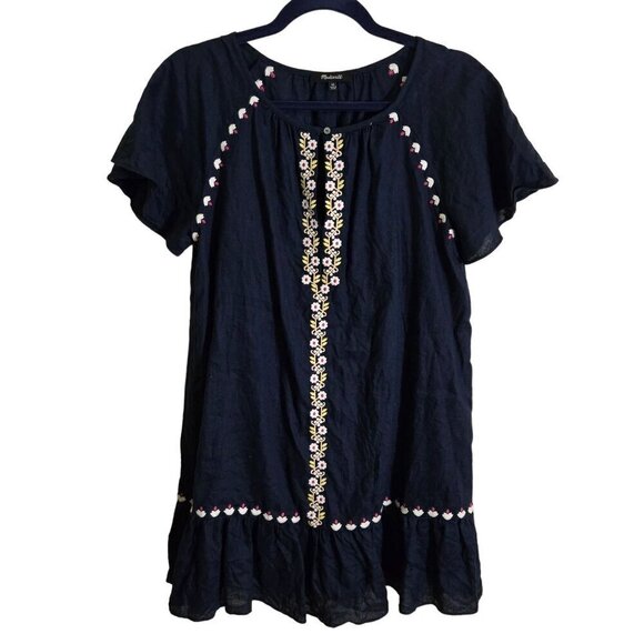 Madewell Embroidered Linen Blend Raglan Ruffle Mini Dress Bohemian Size Sp - Picture 3 of 9